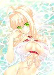 Rule 34 | 1girl, ahoge, akino sora, bikini, blonde hair, breasts, breasts apart, closed mouth, commentary request, contrapposto, fate/grand order, fate (series), green eyes, hair intakes, highres, large breasts, long hair, looking at viewer, lying, navel, nero claudius (fate), nero claudius (fate) (all), nero claudius (swimsuit caster) (fate), nero claudius (swimsuit caster) (third ascension) (fate), on back, partially submerged, red bikini, see-through, sidelocks, smile, solo, striped bikini, striped clothes, swimsuit, water, wet, wet clothes