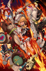 Rule 34 | 1girl, argyle, ascot, bandages, blonde hair, broken, commentary request, fang, fire, flaming sword, flaming weapon, flandre scarlet, hat, heart, highres, key, laevatein, mob cap, neko (yanshoujie), open mouth, red eyes, short sleeves, spade (shape), stuffed animal, stuffed toy, teddy bear, touhou, toy, toy horse, toy soldier, white headwear, wings, wrist cuffs, yellow ascot