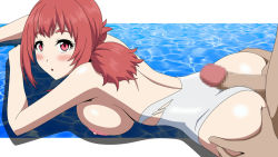 Rule 34 | 10s, 1boy, 1girl, ass, breasts, buttjob, buttjob over clothes, censored, competition swimsuit, hetero, huge ass, keijo!!!!!!!!, large breasts, looking back, lying, on stomach, one-piece swimsuit, penis, red eyes, red hair, rubbing, swimsuit, torn clothes, toyoguchi non