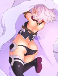Rule 34 | 1girl, :d, arm belt, arms up, artist name, ass, bare shoulders, belt, belt buckle, black panties, black thighhighs, blush, boots, brown belt, buckle, butt crack, closed eyes, covered erect nipples, eyebrows, fate/apocrypha, fate/grand order, fate (series), from behind, hair between eyes, highres, jack the ripper (fate/apocrypha), leg up, lowleg, lowleg panties, medjed (fate), ooba jun, open mouth, panties, scar, scar across eye, scar on face, short hair, shoulder tattoo, silver hair, simple background, smile, solo, standing, standing on one leg, tattoo, teeth, thigh boots, thighhighs, twitter username, underwear, white background