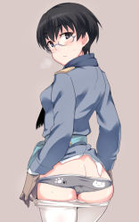 Rule 34 | 1girl, ass, black eyes, black hair, blush, breath, butt crack, clothes pull, eini a lukkanen, em (totsuzen no hakike), glasses, looking at viewer, looking back, no pants, panties, pantyhose, pantyhose pull, print panties, short hair, simple background, solo, standing, strike witches, strike witches: aurora no majo, underwear, uniform, world witches series