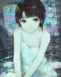 Rule 34 | 1girl, absurdres, araki rakka, bare shoulders, barefoot, brown eyes, brown hair, cable, closed mouth, commentary, copyright name, dress, english commentary, english text, expressionless, film grain, flat chest, glitch, hands on lap, highres, iwakura lain, looking afar, nightgown, on ground, own hands together, serial experiments lain, single sidelock, sitting, sleeveless, sleeveless dress, solo, spaghetti strap, v arms, wariza, white dress