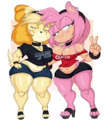 Rule 34 | 2girls, amy rose, animal crossing, animal ears, belly, breasts, choker, cleavage, dog ears, dog girl, ear piercing, furry, green eyes, hairband, hedgehog, high heels, highres, isabelle (animal crossing), looking at viewer, multiple girls, nintendo, piercing, pink hair, purple-yoshi-draws, short shorts, shorts, smile, sonic (series), stomach, tail, thick thighs, thighs, v, wide hips