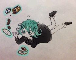 Rule 34 | 1girl, cookie, female focus, food, full body, gradient background, green eyes, green hair, matching hair/eyes, one-punch man, solo, tatsumaki, traditional media