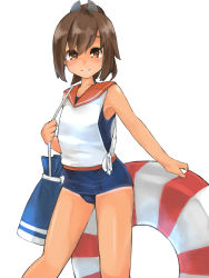 Rule 34 | 10s, 1girl, bag, bare shoulders, blush, brown eyes, brown hair, highres, i-401 (kancolle), innertube, kanabun, kantai collection, looking at viewer, one-piece swimsuit, ponytail, sailor collar, school swimsuit, school uniform, short hair, short ponytail, smile, solo, swim ring, swimsuit, swimsuit under clothes, tan