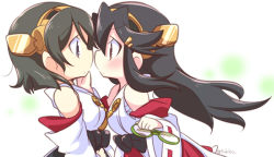 Rule 34 | 10s, 2girls, bare shoulders, black hair, blush, brown eyes, detached sleeves, eye contact, unworn eyewear, face-to-face, female focus, glasses, hair ornament, hairband, hairclip, hand on another&#039;s face, haruna (kancolle), holding, imminent kiss, incest, japanese clothes, kantai collection, kirishima (kancolle), long hair, looking at another, multiple girls, purple eyes, short hair, siblings, simple background, sisters, tsukko (3ki2ne10), twitter username, white background, wide sleeves, yuri