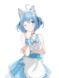 Rule 34 | 1girl, ahoge, animal ears, apron, arm under breasts, bell, black choker, blue bow, blue bowtie, blue corset, blue eyes, blue hair, blue sailor collar, blue skirt, blush, bow, bowtie, breasts, choker, closed mouth, commentary request, corset, cowboy shot, dog ears, dog girl, frilled apron, frilled skirt, frills, hair bow, hand on own chin, highres, jingle bell, looking at viewer, lovermoonlight, maid headdress, medium bangs, medium breasts, name tag, nanashi inc., neck bell, official alternate costume, one eye closed, sailor collar, sailor shirt, shirt, short hair, simple background, skirt, sleeveless, sleeveless shirt, smile, solo, souya ichika, souya ichika (2nd costume), two side up, virtual youtuber, waist apron, white apron, white background, white shirt, wrist cuffs