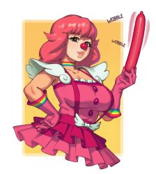 Rule 34 | 1girl, absurdres, ace attorney, balloon, blush, breasts, choker, cleavage, clown, clown nose, dress, female focus, frills, geiru toneido, gloves, highres, large breasts, looking at viewer, makeup, medium hair, multicolored clothes, open mouth, phoenix wright: ace attorney - spirit of justice, pink dress, pink gloves, pink hair, rainbow, riz, sexually suggestive, sleeveless, smile, solo, suspenders