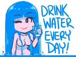 Rule 34 | 1girl, akairiot, blue eyes, blue hair, blunt bangs, breasts, censored nipples, collarbone, completely nude, convenient censoring, cup, english text, glass, holding, holding cup, kelda (akairiot), liquid hair, long hair, looking at viewer, medium breasts, navel, no nose, nude, one eye closed, original, partially submerged, public service announcement, simple background, smile, solo, splashing, upper body, water, water censor, white background, wink