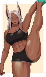 Rule 34 | 1girl, abs, animal ears, armpits, boku no hero academia, breasts, collarbone, commentary, cowboy shot, dark-skinned female, dark skin, english commentary, gluteal fold, grey hair, gud0c, highres, large breasts, leg up, long hair, looking at viewer, midriff, mirko, muscular, muscular female, navel, open mouth, rabbit ears, rabbit girl, shorts, simple background, solo, split, standing, standing on one leg, standing split, teeth, tongue, white background