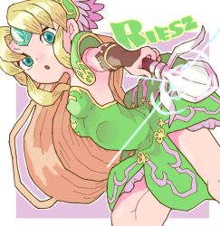 Rule 34 | 1girl, :o, aqua gemstone, armor, blonde hair, blue eyes, breasts, character name, dress, forehead jewel, green armor, green dress, holding, holding polearm, holding weapon, long hair, looking at viewer, open mouth, polearm, riesz, seiken densetsu, seiken densetsu 3, shoulder armor, sicky (pit-bull), small breasts, solo, spear, strapless, strapless dress, very long hair, weapon