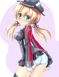 Rule 34 | 1girl, black thighhighs, blonde hair, blush, breasts, gloves, green eyes, hair between eyes, hat, highres, kantai collection, kyamu (qqea92z9n), long hair, long sleeves, low twintails, medium breasts, military, military uniform, open mouth, panties, peaked cap, prinz eugen (kancolle), solo, striped clothes, striped panties, thighhighs, twintails, underwear, uniform, white gloves