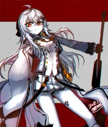 Rule 34 | 1girl, anti-materiel rifle, bolt action, bullpup, cape, dated, girls&#039; frontline, gloves, gun, hair ornament, hairclip, hand on own hip, iws 2000 (girls&#039; frontline), long hair, madcore, military, military uniform, needlegun, pantyhose, prototype design, red eyes, rifle, signature, silver hair, skirt, sniper rifle, solo, steyr arms, steyr iws 2000, steyr mannlicher, uniform, weapon