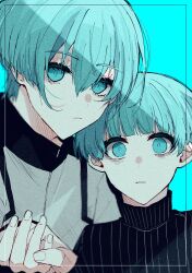Rule 34 | 2boys, age comparison, bags under eyes, black sweater, blue background, blue eyes, blue hair, blue lock, closed mouth, highres, holding hands, jacket, looking at viewer, male focus, multiple boys, natsuneco 02, short hair, sweater, turtleneck, turtleneck sweater, upper body, white jacket, you hiori