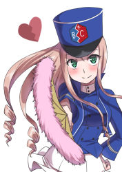 Rule 34 | 1girl, bc freedom (emblem), bc freedom military uniform, blonde hair, blue hat, blue jacket, blue vest, blush, closed mouth, commentary request, dress shirt, drill hair, emblem, folding fan, girls und panzer, green eyes, hand fan, hand on own hip, hat, heart, high collar, holding, holding fan, jacket, kepi, long hair, long sleeves, looking at viewer, marie (girls und panzer), military, military hat, military uniform, miniskirt, pleated skirt, salt-apple, shirt, skirt, smile, solo, standing, uniform, vest, white shirt, white skirt, wind, wind lift