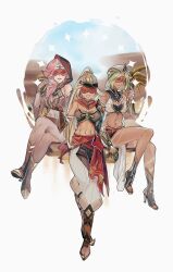 Rule 34 | 3girls, absurdres, aoiabyss, armor, babel (genshin impact), bare shoulders, blindfold, blonde hair, crop top, crossed legs, eremite floral ring-dancer (genshin impact), eremite galehunter (genshin impact), eremite scorching loremaster (genshin impact), genshin impact, green hair, highres, hood, jewelry, looking at viewer, multiple girls, navel, pink hair, red sash, sash, shoulder armor, thighs, white background