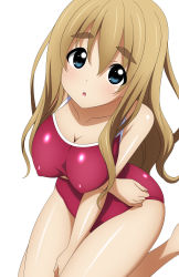 Rule 34 | 1girl, absurdres, blonde hair, breasts, cleavage, competition school swimsuit, covered erect nipples, highres, k-on!, kotobuki tsumugi, large breasts, long hair, looking at viewer, looking up, one-piece swimsuit, school swimsuit, solo, sugimura tomokazu, swimsuit