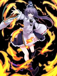 Rule 34 | 1girl, ankle ribbon, blue eyes, boots, fire, fire, hat, hat ribbon, highres, leg ribbon, long hair, long sleeves, looking at viewer, mononobe no futo, open mouth, outstretched arms, outstretched hand, ponytail, ribbon, rihito (usazukin), shirt, silver hair, skirt, smile, solo, touhou, wide sleeves