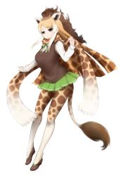 Rule 34 | 10s, 1girl, :o, animal ear fluff, animal ears, animal print, black eyes, blonde hair, bow, bowtie, breasts, brown footwear, brown hair, brown vest, cape giraffe (kemono friends), eyebrows, eyelashes, facing away, full body, giraffe ears, giraffe horns, giraffe print, giraffe tail, gradient hair, green bow, green bowtie, green skirt, high ponytail, horns, ise (0425), kemono friends, large breasts, legs apart, long hair, long sleeves, looking away, miniskirt, multicolored clothes, multicolored hair, multicolored legwear, multicolored scarf, open mouth, pantyhose, parted bangs, pleated skirt, scarf, shirt, shoes, sidelocks, simple background, skirt, solo, striped, striped bow, tail, vest, white background, white hair, white shirt