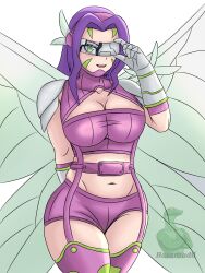 Rule 34 | 1girl, breasts, cleavage, digimon, digimon (creature), fairimon, garter straps, gloves, head wings, highres, large breasts, long hair, mask, navel, solo, thighhighs, wings