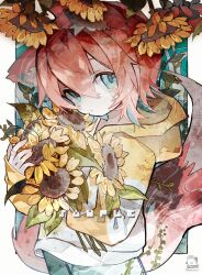 1girl animal_ear_fluff animal_ears artist_logo artist_name bandaid bandaid_on_face blue_eyes border flower flower_pot fox_ears fox_girl fox_tail hair_between_eyes highres holding holding_flower_pot hood hoodie looking_at_viewer open_mouth original red_hair sample_watermark short_hair solo soresaki sunflower tail two-tone_hoodie watermark white_border yellow_hoodie