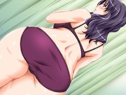 Rule 34 | 1girl, blush, breasts, curvy, from behind, game cg, hip focus, hobara naoko, indoors, large breasts, lingerie, mama mahjong, mame, mature female, panties, purple eyes, purple hair, purple panties, shy, solo, underwear, wide hips