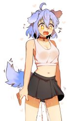 Rule 34 | 1girl, animal ears, arms at sides, black skirt, blue hair, blue tail, collar, cowlick, crop top, dog ears, fangs, highres, open mouth, pee, peeing, peeing self, shirt, short hair, skirt, surprised, sweatdrop, tail, white background, white shirt, yellow eyes
