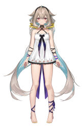 Rule 34 | 1girl, ahoge, arm ribbon, bare shoulders, barefoot, black choker, black headband, blonde hair, blue bow, blue hair, bow, braid, breasts, choker, colored inner hair, cowlick, dress, earrings, fang, full body, headband, jewelry, leg ribbon, long hair, low twintails, mins (minevi), multicolored hair, official art, phase connect, red eyes, ribbon, sidelocks, skin fang, small breasts, star (symbol), star in eye, symbol in eye, twin braids, twintails, two-tone hair, utatane nasa, utatane nasa (nasa 2.0), utatane nasa (v2), very long hair, virtual youtuber, white background, white dress, yellow nails