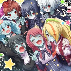 Rule 34 | 10s, 6+girls, bandages, black hair, blonde hair, blue hair, blue skin, bow, checkered clothes, checkered kimono, chibi, clenched hand, colored skin, earrings, floral background, floral print, flower, grey hair, hair between eyes, hair bow, hair flower, hair ornament, hair over one eye, hair ribbon, hand on another&#039;s shoulder, heart, heart in mouth, highres, holding, holding smoking pipe, hoshikawa lily, jacket, japanese clothes, jewelry, kimono, konno junko, letterman jacket, long hair, long sleeves, looking at viewer, low twintails, matokechi, minamoto sakura, mizuno ai, multicolored hair, multiple girls, necktie, nikaidou saki, open mouth, orange background, own hands together, plaid, plaid skirt, pleated skirt, polka dot, ponytail, rag, reaching, reaching towards viewer, red eyes, red hair, ribbon, scar, scar on face, scar on forehead, scar on neck, school uniform, short hair, skirt, smile, smoking pipe, star (symbol), star hair ornament, streaked hair, stud earrings, teeth, twintails, undone necktie, v, yamada tae, yuugiri (zombie land saga), zombie, zombie land saga