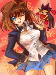 Rule 34 | 1boy, 1girl, blouse, blue eyes, breasts, brown hair, collared shirt, commentary request, cosplay, cowboy shot, da huang, dyed bangs, hair intakes, hand on own hip, large breasts, looking at viewer, mazaki anzu, mini person, miniboy, miniskirt, muto yugi, one eye closed, open mouth, shirt, short hair, skirt, smile, spiked hair, white shirt, yu-gi-oh!, yu-gi-oh! duel monsters