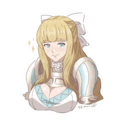 Rule 34 | 1girl, armor, blonde hair, bow, breasts, charlotte (fire emblem), cleavage, fire emblem, fire emblem fates, hair bow, highres, large breasts, long hair, looking at viewer, nintendo, shoulder armor, smile, solo, sparkle, spiked armor, spikes, tak0baka, upper body, white background