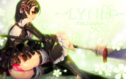Rule 34 | 1girl, armor, black dress, blush, boots, buckle, character name, clenched teeth, dated, dress, ecell, floral print, frilled sleeves, frills, from side, green background, hair ribbon, hairband, highres, holding, holding weapon, lance, long sleeves, lynn (mabinogi), mabinogi, mabinogi heroes, maid headdress, panties, pantyshot, parted lips, pink panties, polearm, profile, puffy long sleeves, puffy sleeves, red eyes, red ribbon, ribbon, shirt, short hair, simple background, sitting, solo, tassel, teeth, thigh boots, thigh strap, thighhighs, tsurime, underwear, weapon, white shirt, yokozuwari