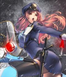 Rule 34 | 1girl, baton, belt, black thighhighs, brown hair, card (medium), chaos online, cuffs, edelyn, gloves, handcuffs, hat, high heels, holding, long hair, love cacao, motor vehicle, necktie, official art, open mouth, police, police hat, police uniform, red eyes, scooter, solo, stiletto heels, thighhighs, translated, uniform, white gloves, zettai ryouiki