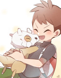 Rule 34 | 1boy, :d, backpack, bag, blush, brown hair, closed eyes, commentary request, creatures (company), cubone, game freak, gen 1 pokemon, green pants, grey shirt, hachi (hachi sin), happy, highres, holding, holding pokemon, male focus, nintendo, open mouth, pants, pokemon, pokemon (creature), pokemon lgpe, shirt, short hair, short sleeves, signature, smile, trace (pokemon), v-shaped eyebrows, white bag