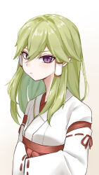 Rule 34 | 1girl, absurdres, blush, cha ga ma, commentary request, genshin impact, gradient background, green hair, grey background, hair between eyes, highres, japanese clothes, kimono, kuki shinobu, long hair, long sleeves, looking at viewer, official alternate costume, purple eyes, sidelocks, solo, upper body, white background, white kimono