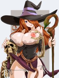 Rule 34 | 1girl, :p, grabbing another&#039;s breast, breasts, brown hair, cleavage, dragon&#039;s crown, ebido, covered erect nipples, grabbing, groin, hair over one eye, hat, highres, huge breasts, nipples, panties, purple eyes, side-tie panties, skeleton, solo, sorceress (dragon&#039;s crown), staff, tongue, tongue out, underwear, vanillaware, witch hat