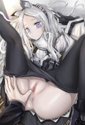 Rule 34 | 1girl, animal ear fluff, animal ears, anus, arknights, black gloves, black pantyhose, blue eyes, censored, closed mouth, clothes pull, coat, gloves, hairband, heavyrain (arknights), highres, long hair, long sleeves, looking at viewer, lying, messy hair, nopetroto, on back, pantyhose, pantyhose pull, parted bangs, pussy, pussy juice, sidelocks, solo focus, spread legs, spread pussy, thighs, white coat, white hair, wide sleeves, zebra ears