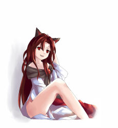Rule 34 | 1girl, animal ears, bare shoulders, brooch, brown hair, artistic error, fang, female focus, formless god, imaizumi kagerou, jewelry, long hair, long sleeves, panties, red eyes, sitting, solo, touhou, underwear, very long hair, white background, wolf ears
