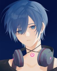 Rule 34 | 1boy, absurdres, bishounen, blue background, blue eyes, blue hair, closed mouth, collarbone, expressionless, eyelashes, hair between eyes, headphones, headphones around neck, highres, kaito (vocaloid), looking at viewer, male focus, neck tattoo, portrait, power symbol, project sekai, short hair, sidelighting, solo, tattoo, vocaloid, yunpianer