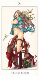Rule 34 | 1girl, bdsm, blindfold, bondage, bound, breasts, covered eyes, donkey, english text, flower, highres, keypot, large breasts, md5 mismatch, navel, nipples, no panties, original, resolution mismatch, sandals, skindentation, solo, source smaller, tactics ogre, tarot, tarot (medium), teeth, thigh strap, thighs, torn clothes, upper teeth only, wheel, wheel of fortune (tarot)