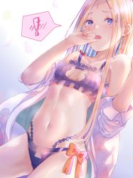 Rule 34 | !, 1girl, abigail williams (fate), bare shoulders, bikini, blonde hair, blue eyes, blush, breasts, fate/grand order, fate (series), forehead, highres, kinom (sculpturesky), long hair, long sleeves, looking at viewer, navel, off shoulder, open clothes, open mouth, open shirt, parted bangs, purple bikini, shirt, sidelocks, small breasts, solo, spoken exclamation mark, swimsuit, thighs, wet, white shirt