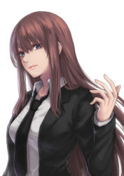 Rule 34 | 1girl, black jacket, black necktie, blue eyes, brown hair, business suit, closed mouth, collarbone, collared shirt, formal, hair between eyes, highres, jacket, long hair, long sleeves, necktie, open clothes, open jacket, original, re (re 09), shirt, simple background, solo, straight hair, suit, upper body, very long hair, white background, white shirt, wing collar