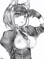 Rule 34 | 1girl, :p, animal ears, bad id, bad pixiv id, breasts, cat ears, covered erect nipples, gloves, greyscale, hand up, highres, juliet sleeves, large breasts, lifting own clothes, long sleeves, looking at viewer, mask, mask lift, monochrome, nanashi (nlo), necktie, puffy sleeves, shirt, short necktie, simple background, smile, solo, tongue, tongue out, upper body, white background