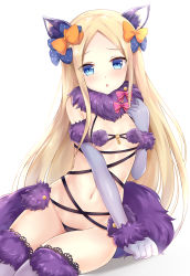 Rule 34 | 1girl, abigail williams (fate), animal ears, black bow, blonde hair, blue eyes, blush, bow, breasts, cosplay, elbow gloves, fate/grand order, fate (series), fur-trimmed gloves, fur-trimmed legwear, fur collar, fur trim, gloves, hair bow, halloween costume, lace, lace-trimmed legwear, lace trim, long hair, looking at viewer, mash kyrielight, mash kyrielight (dangerous beast), mash kyrielight (dangerous beast) (cosplay), navel, nikoo, o-ring, o-ring top, official alternate costume, open mouth, orange bow, parted bangs, polka dot, polka dot bow, purple gloves, purple thighhighs, revealing clothes, small breasts, solo, tail, thighhighs, very long hair, wolf ears, wolf tail