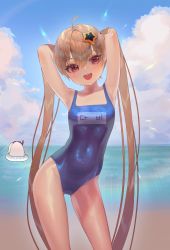 Rule 34 | 2girls, afloat, ahoge, armpits, arms up, blush, brown hair, cloud, cloudy sky, collarbone, contrapposto, covered navel, davi (destiny child), day, hair ornament, innertube, lisa (destiny child), long hair, multiple girls, myabit, ocean, original, outdoors, partially submerged, red eyes, sand, sky, smile, sparkle, standing, star (symbol), star hair ornament, swim ring, swimsuit, teeth, tongue, twintails, upper teeth only, very long hair, water, wet, white hair