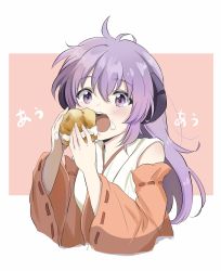 Rule 34 | 1girl, blush, commentary, cream, cream on face, cream puff, detached sleeves, eating, food, food on face, hanyuu, highres, higurashi no naku koro ni, holding, holding food, horns, japanese clothes, long hair, miko, open mouth, pink background, purple eyes, purple hair, shosudo, simple background, solo, teeth, translated, upper body, upper teeth only, white background