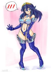 Rule 34 | 1girl, :o, alternate costume, blue eyes, blue footwear, blue gloves, blue hair, boots, cosplay, elbow gloves, embarrassed, fire emblem, fire emblem awakening, gloves, highres, leotard, long hair, looking to the side, lucina (fire emblem), stomach cutout, navel, nintendo, oomasa teikoku, open mouth, persona, persona 3, solo, speech bubble, spoken blush, thigh boots, thighhighs