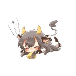 Rule 34 | 10s, 1girl, akagi (kancolle), animal costume, animal ears, bad id, bad twitter id, bell, blush, brown hair, chibi, cow costume, cow ears, cow horns, cow tail, cowbell, earrings, closed eyes, horns, jewelry, kantai collection, long hair, lowres, rebecca (keinelove), solo, tail