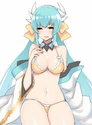 Rule 34 | 1girl, anoshabu, aqua hair, bare shoulders, bikini, blush, bow, breasts, cleavage, collarbone, dragon horns, fate/grand order, fate (series), horns, japanese clothes, kimono, kiyohime (fate), kiyohime (fate/grand order), kiyohime (swimsuit lancer) (fate), kiyohime (swimsuit lancer) (first ascension) (fate), large breasts, long hair, long sleeves, looking at viewer, low twintails, multiple horns, navel, off shoulder, open clothes, open kimono, open mouth, simple background, smile, solo, swimsuit, twintails, very long hair, white background, white kimono, yellow bikini, yellow bow, yellow eyes