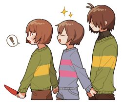 Rule 34 | !, 3others, :o, androgynous, antenna hair, blue sweater, brown pants, chara (undertale), closed eyes, cowboy shot, cropped legs, deltarune, frisk (undertale), from side, green sweater, highres, holding, holding hands, holding knife, in-franchise crossover, knife, kris (deltarune), long sleeves, looking ahead, multiple others, open mouth, other focus, pants, profile, red eyes, shaded face, simple background, smile, sparkle, spoken exclamation mark, sweater, tadeno, undertale, white background